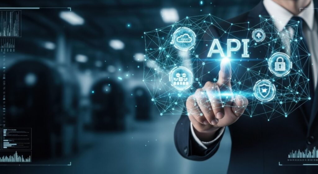 Businessperson in a suit taps a glowing API network hologram, representing software APIs and data connectivity (cloud, security, analytics).