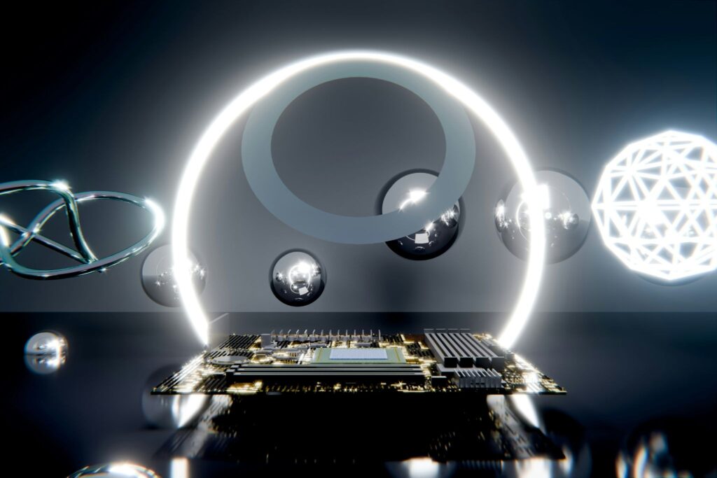 Futuristic abstract scene with glowing circular ring, glass spheres, and a floating circuit board against a dark background, suggesting technology and innovation.