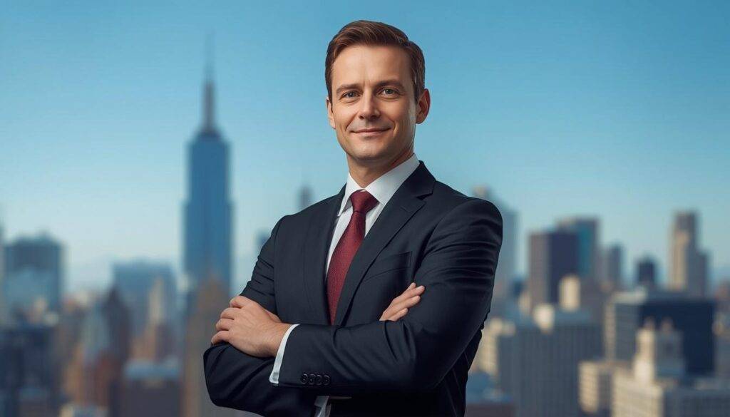 Confident businessman in a dark suit and red tie stands with arms crossed against a blurred city skyline backdrop, portraying professionalism and success.