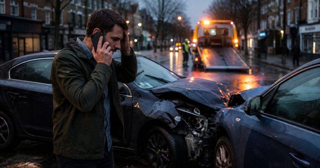 Man on his phone at the scene of a two-car crash on a wet city street, a tow truck in the background.