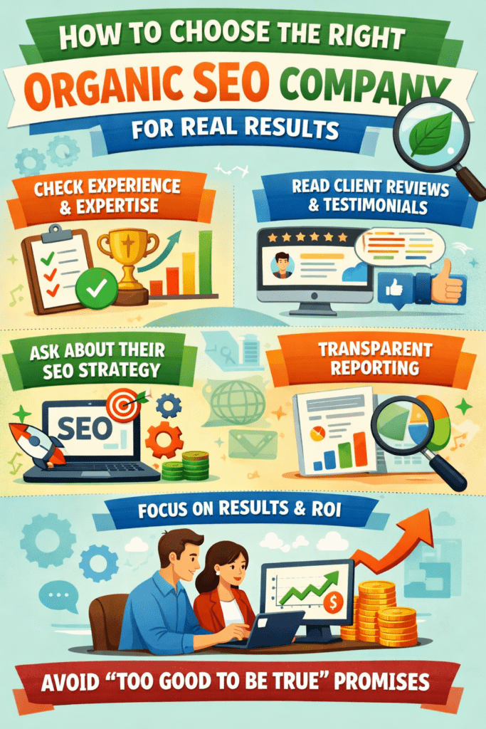 Infographic titled 'How to Choose the Right Organic SEO Company for Real Results' outlining tips: experience, client reviews, SEO strategy, transparent reporting, focus on results & ROI, and avoiding 'too good to be true' promises.