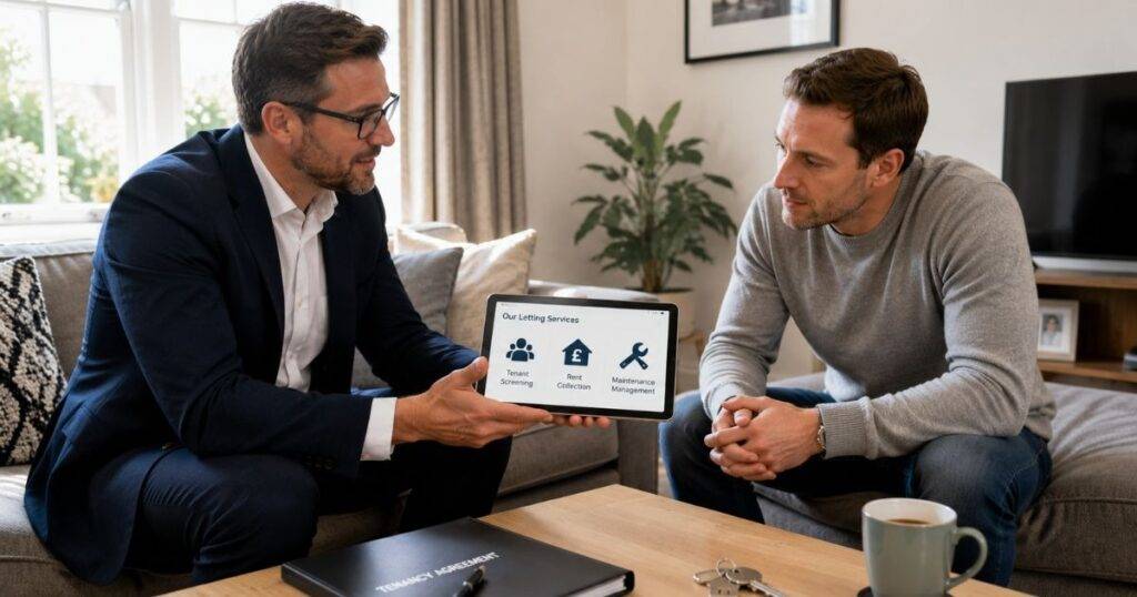 Two men discuss letting services on a tablet in a cozy living room setting.