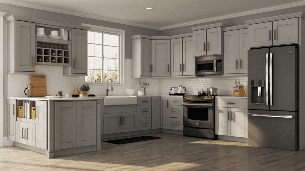 L-shaped kitchen with gray cabinets, white subway tile backsplash, and stainless appliances including a French-door fridge on the right and a gas range; window above the sink lighting the space.