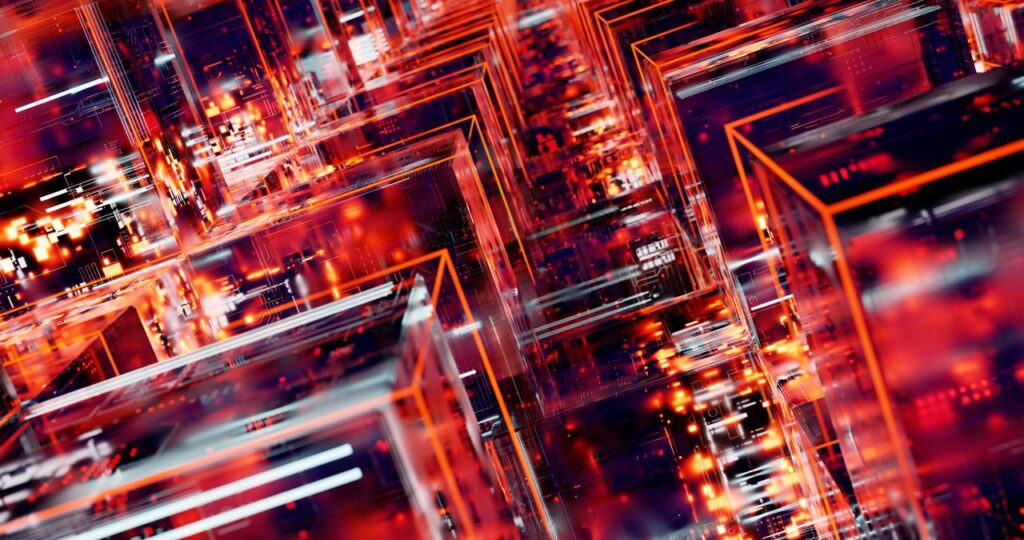 pexels-pachon-in-motion-426015731-30547616 - Lead Grow Develop - Business, Technology, Personal Development Vibrant abstract digital art featuring geometric blocks with LED light effects in a network pattern