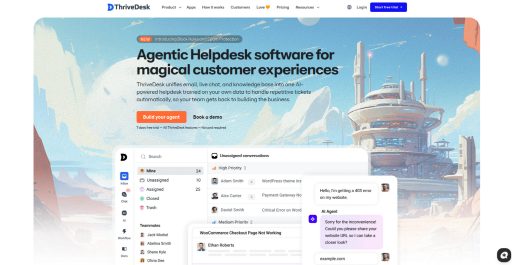 td-new - Lead Grow Develop - Business, Technology, Personal Development Hero image for ThriveDesk site: a futuristic landscape with a large bold headline and orange CTA buttons 'Build your agent' and 'Book a demo' in the foreground.