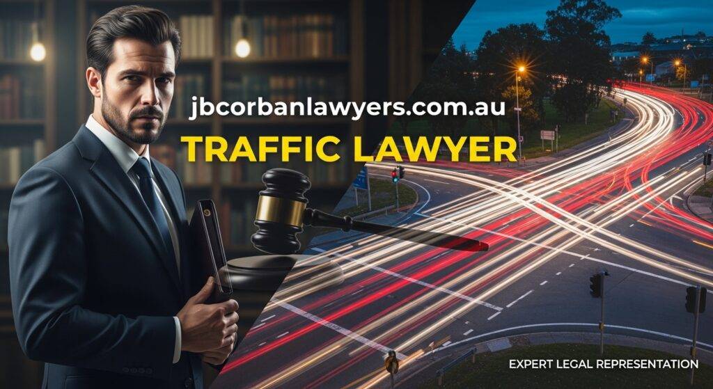 traffic lawyer sutherland - Lead Grow Develop - Business, Technology, Personal Development Lawyer in a suit with a gavel, split with a busy road at night and the text 'TRAFFIC LAWYER' and jbcorbanlawyers.com.au.