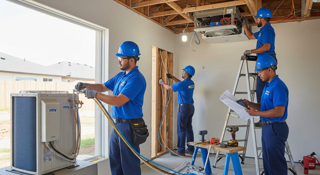 vrv air conditioning - Lead Grow Develop - Business, Technology, Personal Development HVAC technicians in blue uniforms and hard hats install refrigerant lines to an exterior air conditioner through a wall in a partly finished room with ladders and tools nearby.