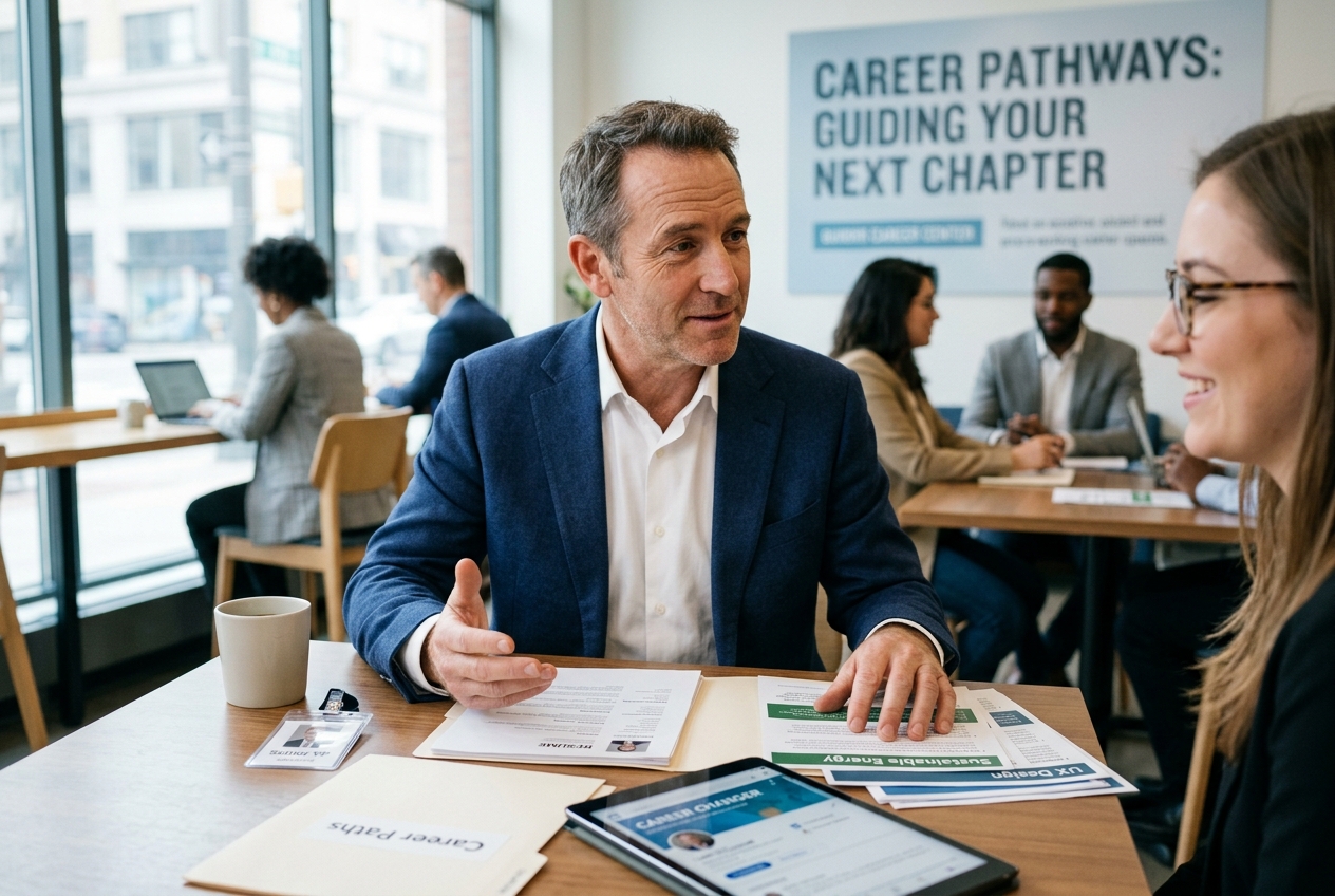 A professional man in a blue blazer discusses documents with a woman across a table in a bright cafe, with resumes and a tablet on the table and a coffee mug nearby.