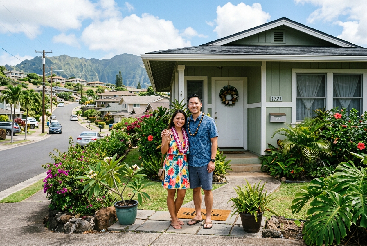 A couple in front of a home in honolulu with a clear neighb - Lead Grow Develop - Business, Technology, Personal Development Smiling couple wearing leis pose arm-in-arm on the front walkway of a green Hawaii-style house, with tropical plants and mountains in the background.