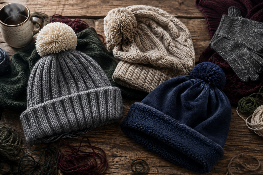 image - Lead Grow Develop - Business, Technology, Personal Development Assortment of knitted winter hats, scarves, and gloves spread on a rustic wooden surface, with a steaming mug nearby.
