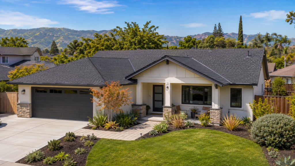 Front view of a modern single-story house with a two-car garage, gray roof, and landscaped yard; mountains in the distance.
