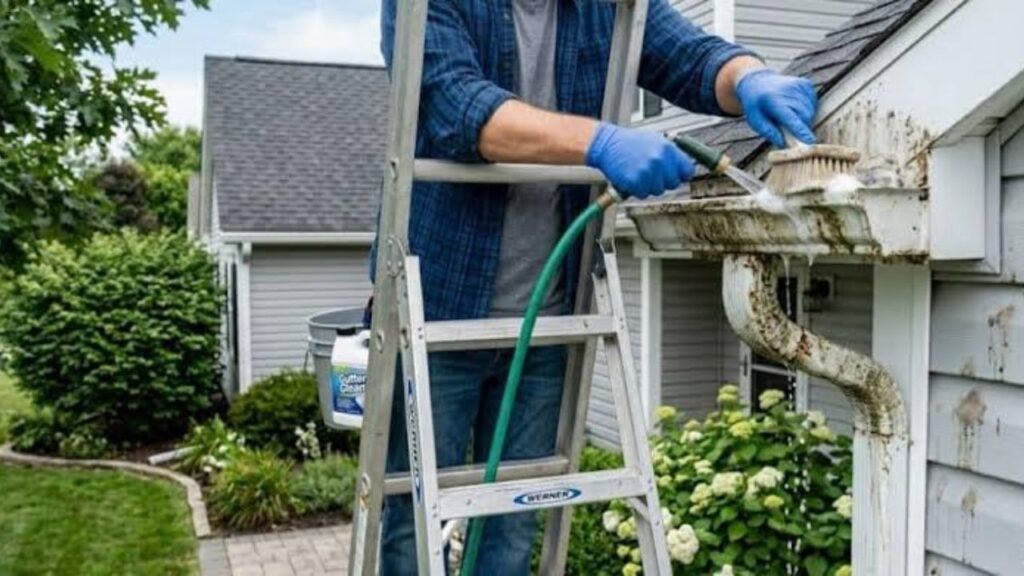 Worker on a ladder scrubbing a dirty gutter with a brush, wearing blue gloves and using a hose