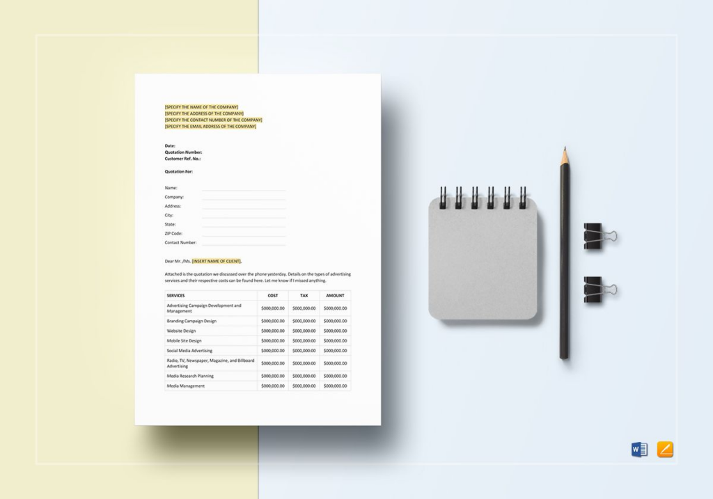 White quotation document with a services table rests on a desk beside a gray spiral notebook, pencil, and binder clips on a two-tone pastel background.