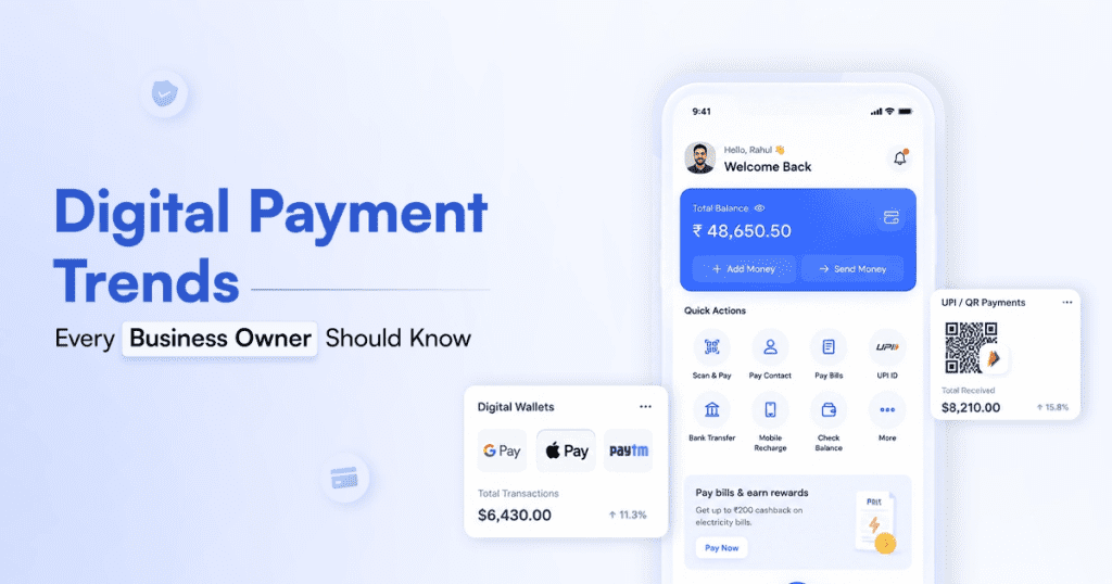 Hero banner showing a blue gradient background with the headline 'Digital Payment Trends' and a smartphone UI mockup of a digital wallet app on the right.