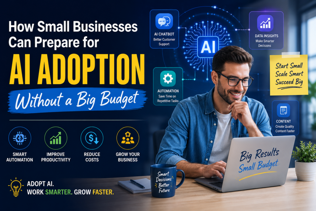 Promotional banner about AI adoption for small businesses: big title 'AI Adoption' with 'Without a Big Budget', a man at a laptop among AI icons and a sticky note reading 'Start Small Scale Smart Succeed Big'.