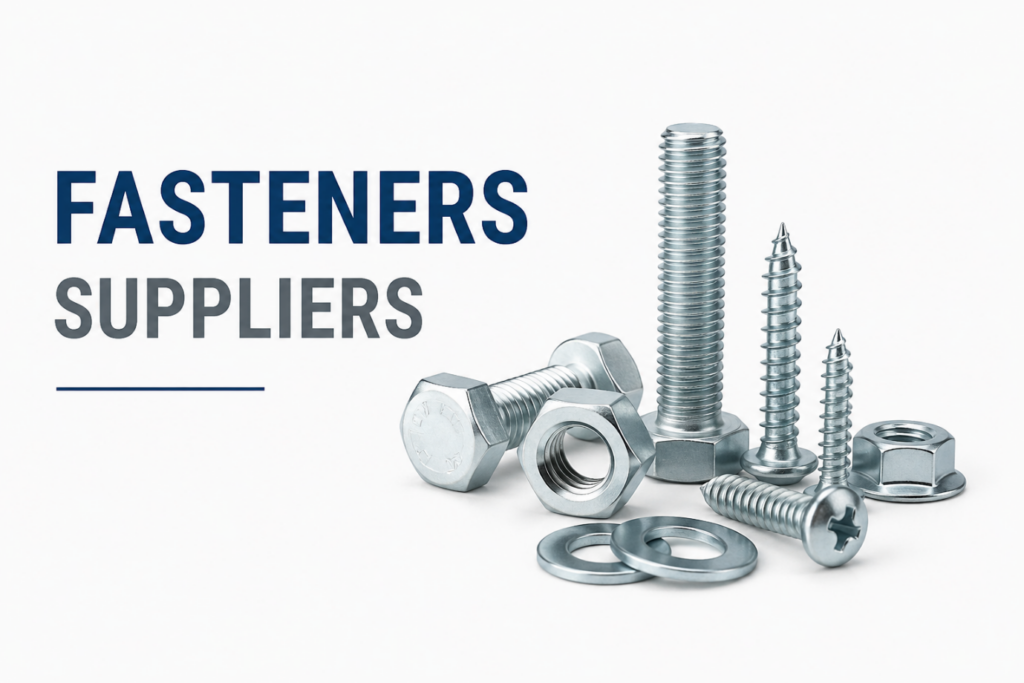 image - Lead Grow Develop - Business, Technology, Personal Development FASTENERS SUPPLIERS: bolts, nuts, and washers arranged on a white background.