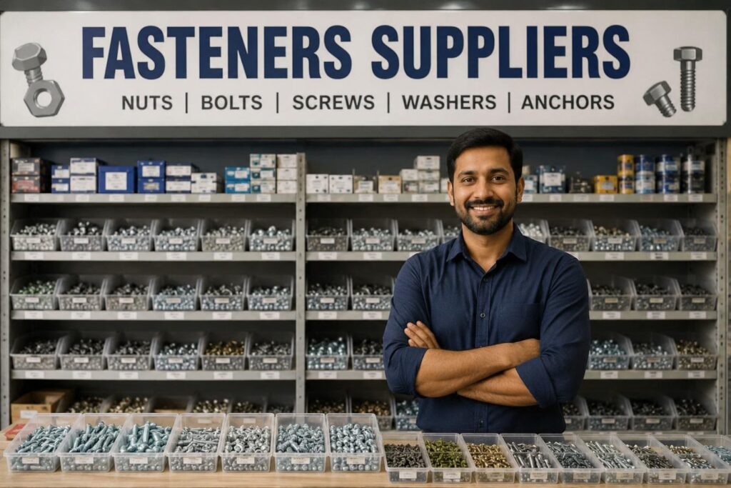 image - Lead Grow Develop - Business, Technology, Personal Development Smiling man in a dark blue shirt stands with arms crossed in a hardware store, shelves filled with nuts, bolts, and screws behind him.