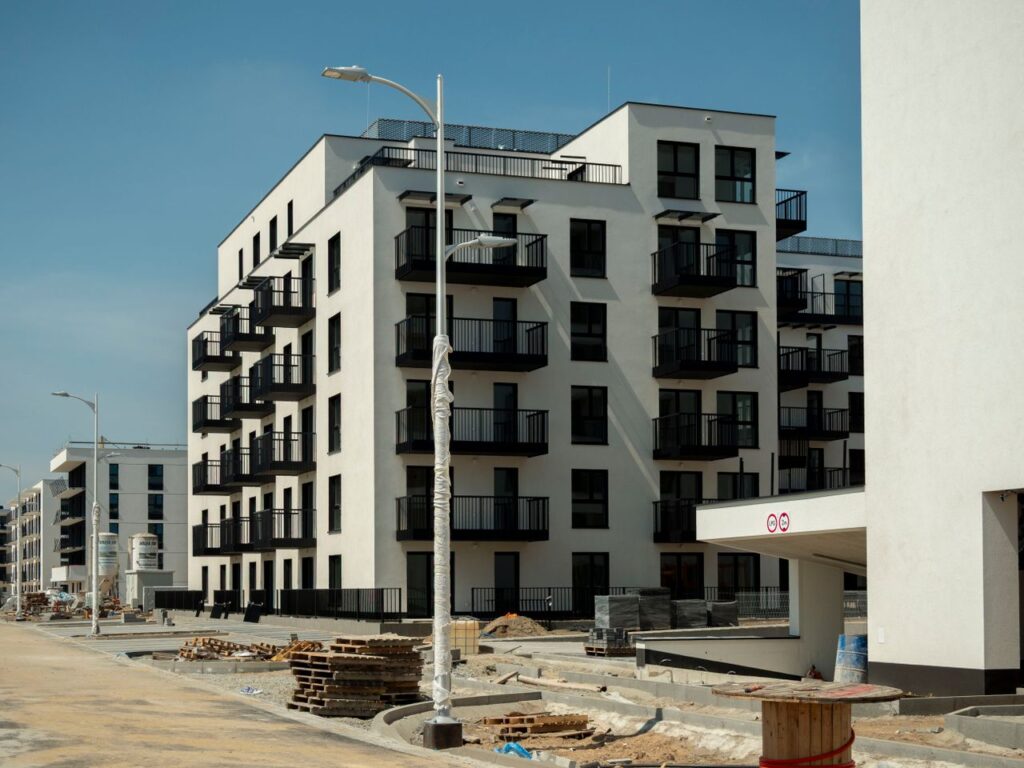 Newly constructed apartment building in Wrocław, Poland, featuring modern architecture.