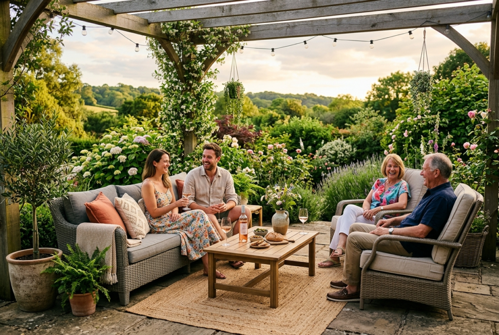 A picture of outdoor living - Lead Grow Develop - Business, Technology, Personal Development Four people sit on wicker sofas under a wooden pergola in a lush garden, sharing drinks and snacks.