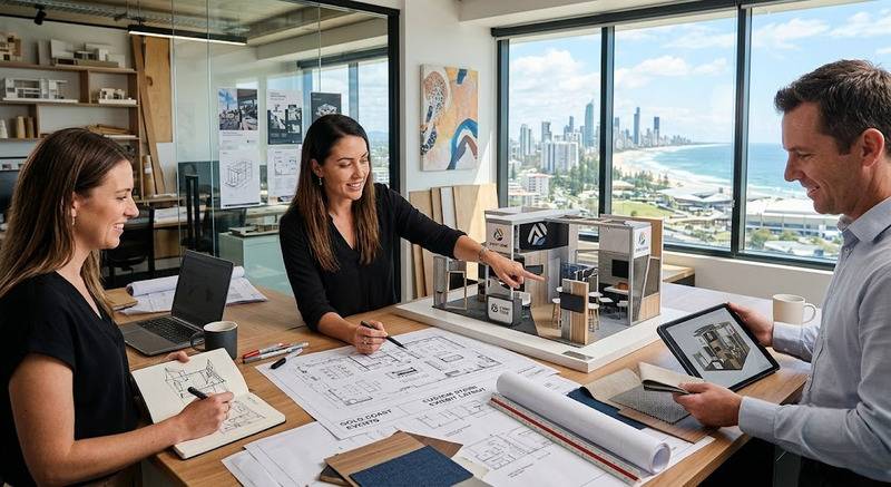 Three designers collaborate at a table with blueprints and a scale interior model, overlooking a city view through large windows.