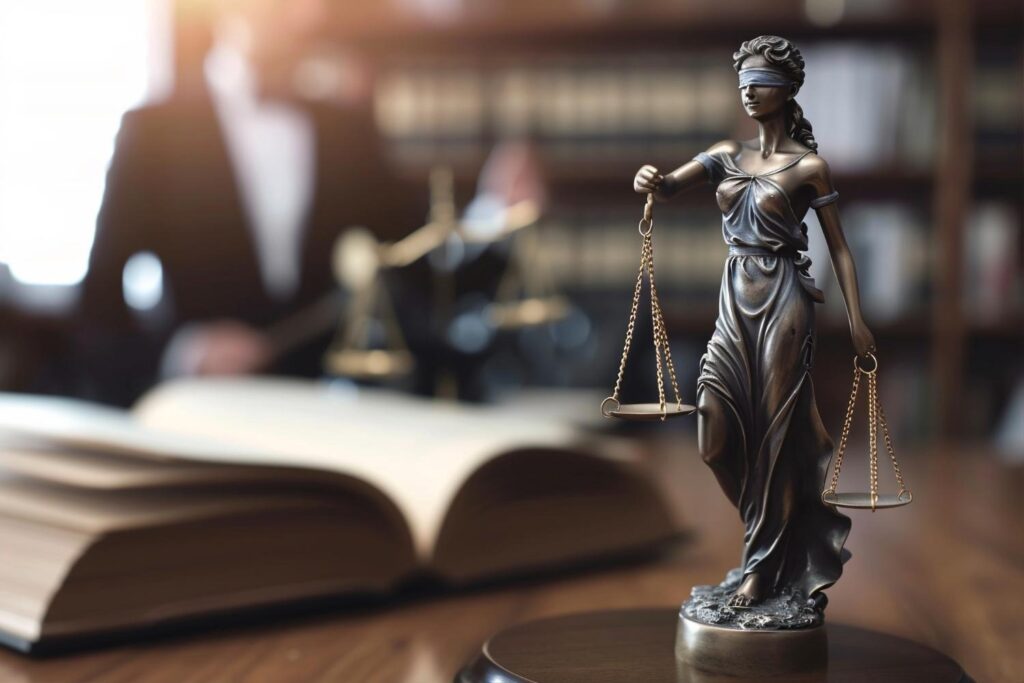 Bronze Lady Justice statue holding scales on a desk with an open law book in the foreground and a blurred library in the background