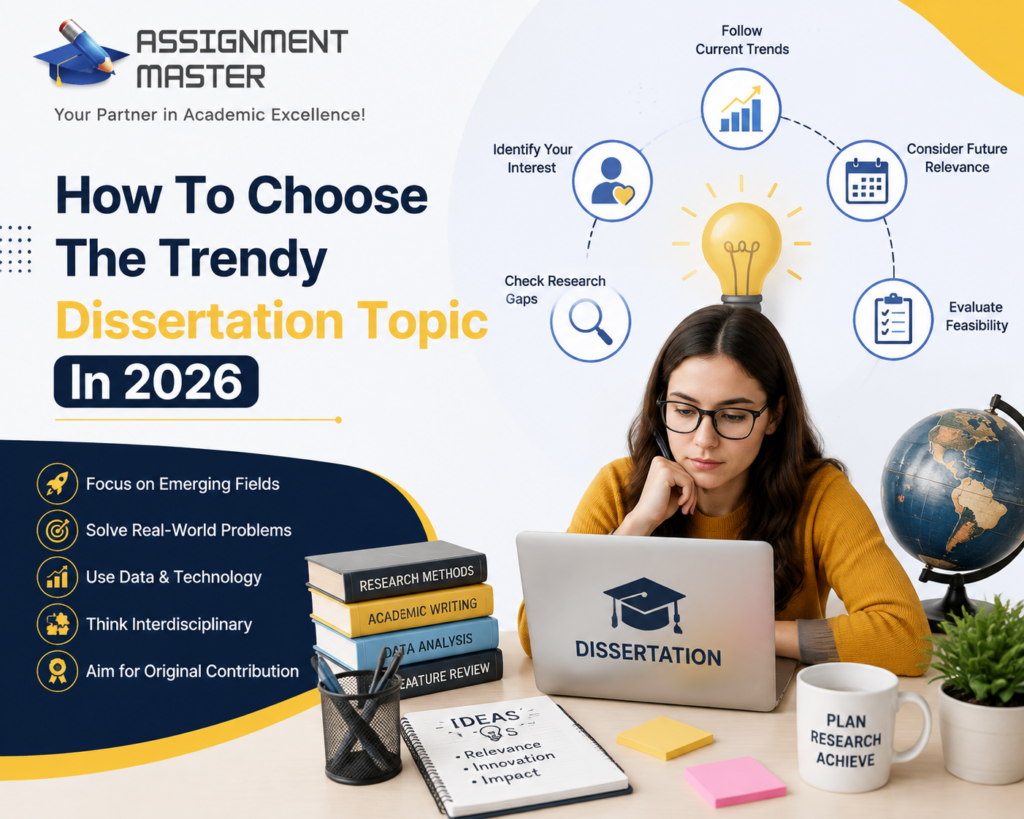 Promotional banner showing a student researching on a laptop with books, a globe, and a mug, advertising how to choose a trendy dissertation topic in 2026.