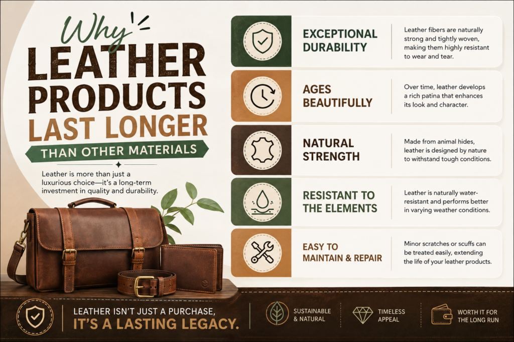 Infographic explaining why leather lasts longer: durability, aging beautifully, natural strength, element resistance, easy to maintain, with a leather bag at bottom.