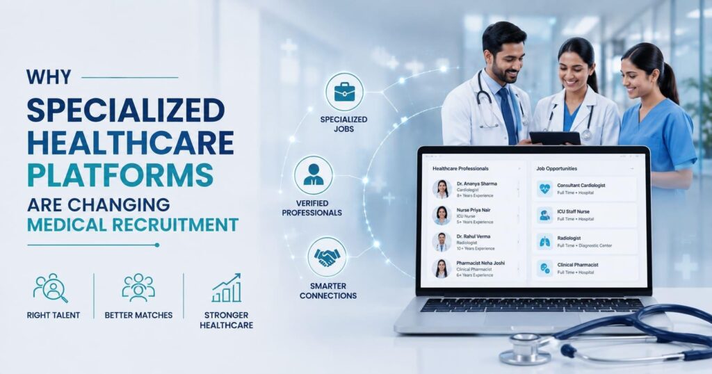 image - Lead Grow Develop - Business, Technology, Personal Development Promotional banner showing three doctors around a laptop displaying a healthcare recruitment platform; left side highlights why specialized healthcare platforms change medical recruitment.