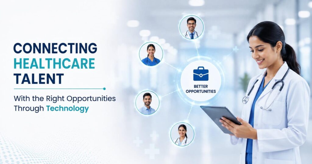 image - Lead Grow Develop - Business, Technology, Personal Development Banner showing a doctor with a tablet and connected circular portraits, illustrating better opportunities in healthcare through technology.