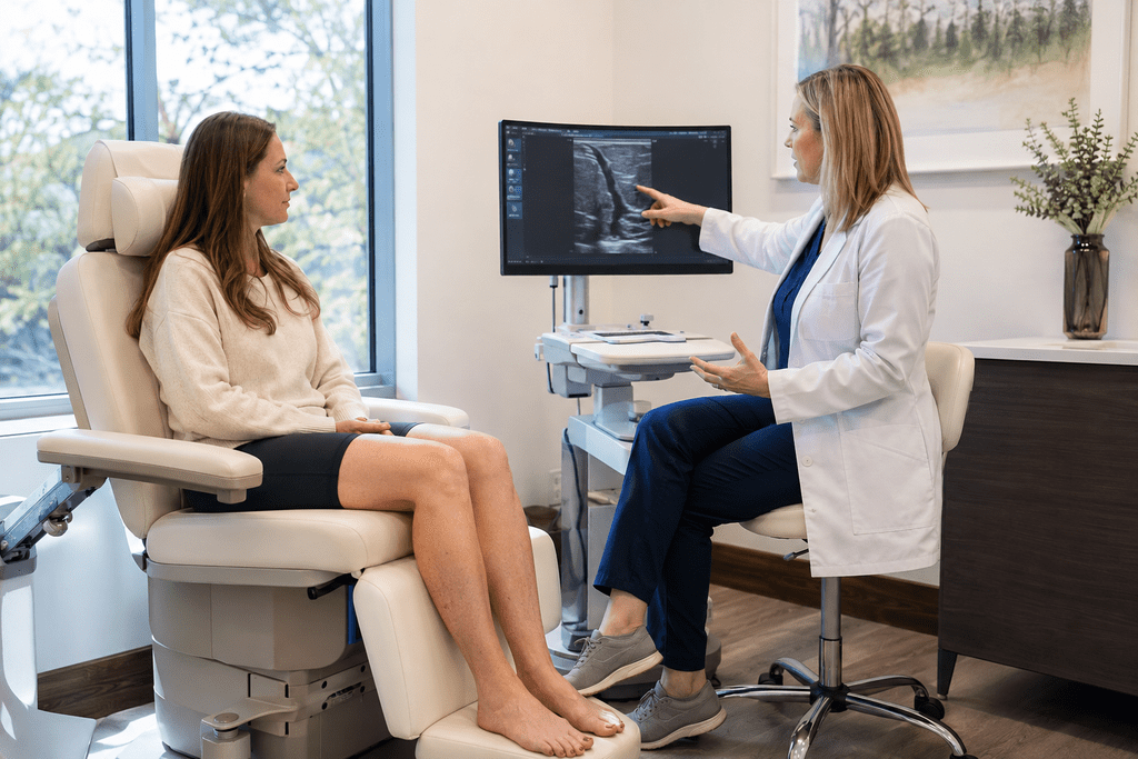 dr with patient reviewing varicose veins