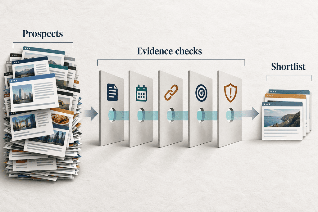 A large stack of backlink prospects being filtered into a small evidence-based shortlist