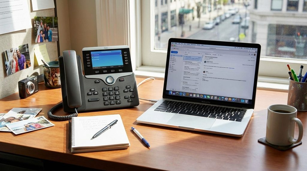 Best White Label VoIP Reseller Programs for UK Companies 2 VOIP setup with laptop and telephone