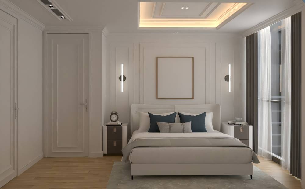 Master,Bedroom,Luxury,Design,side,Table,And,Frame,Painting,3d,Modeling,And
