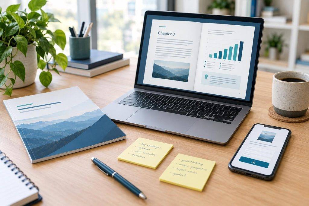 Desk with a laptop showing an ebook chapter, a printed ebook, interview notes and a phone with a download form
